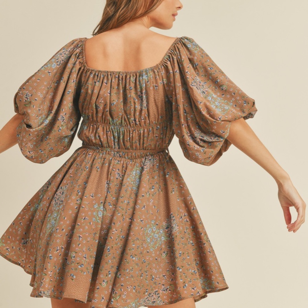 Bubble sleeve dress mocha floral - Picture 6 of 7